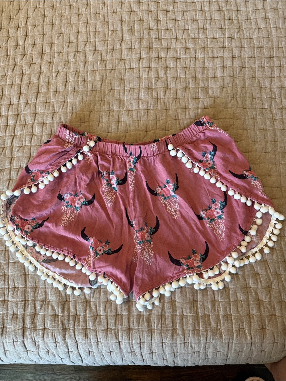 Altar'd State Dusty Rose Bull-Print Pom Pom Shorts